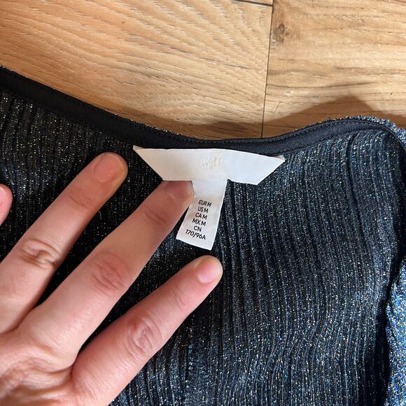 H&M Dress Blue Sparkly Faux Wrap Short Pleated Long Sleeve Tie Waist Size M - Picture 5 of 7